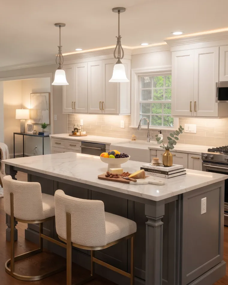 A white kitchen with a gray island, marble counters and bell pendants
