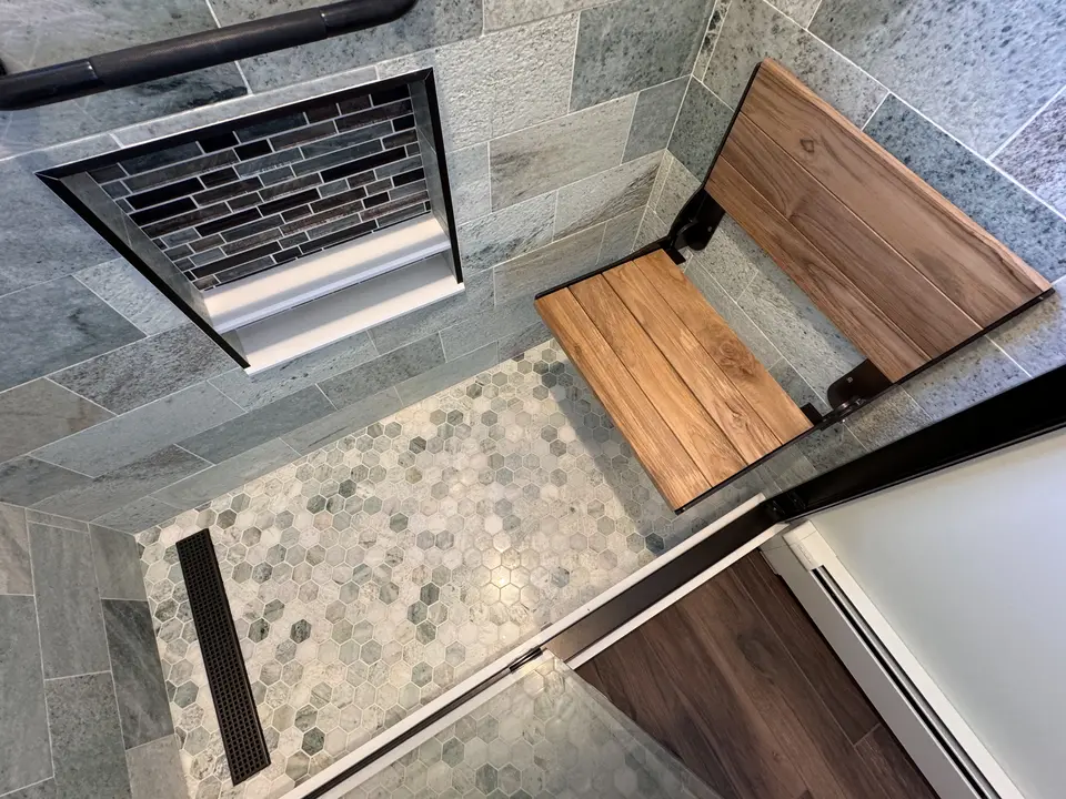Teak seat & linear drain